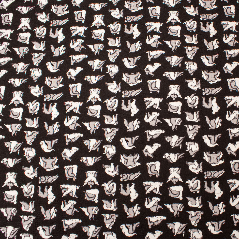 Grey & White Figures Printed Black Silk Twill