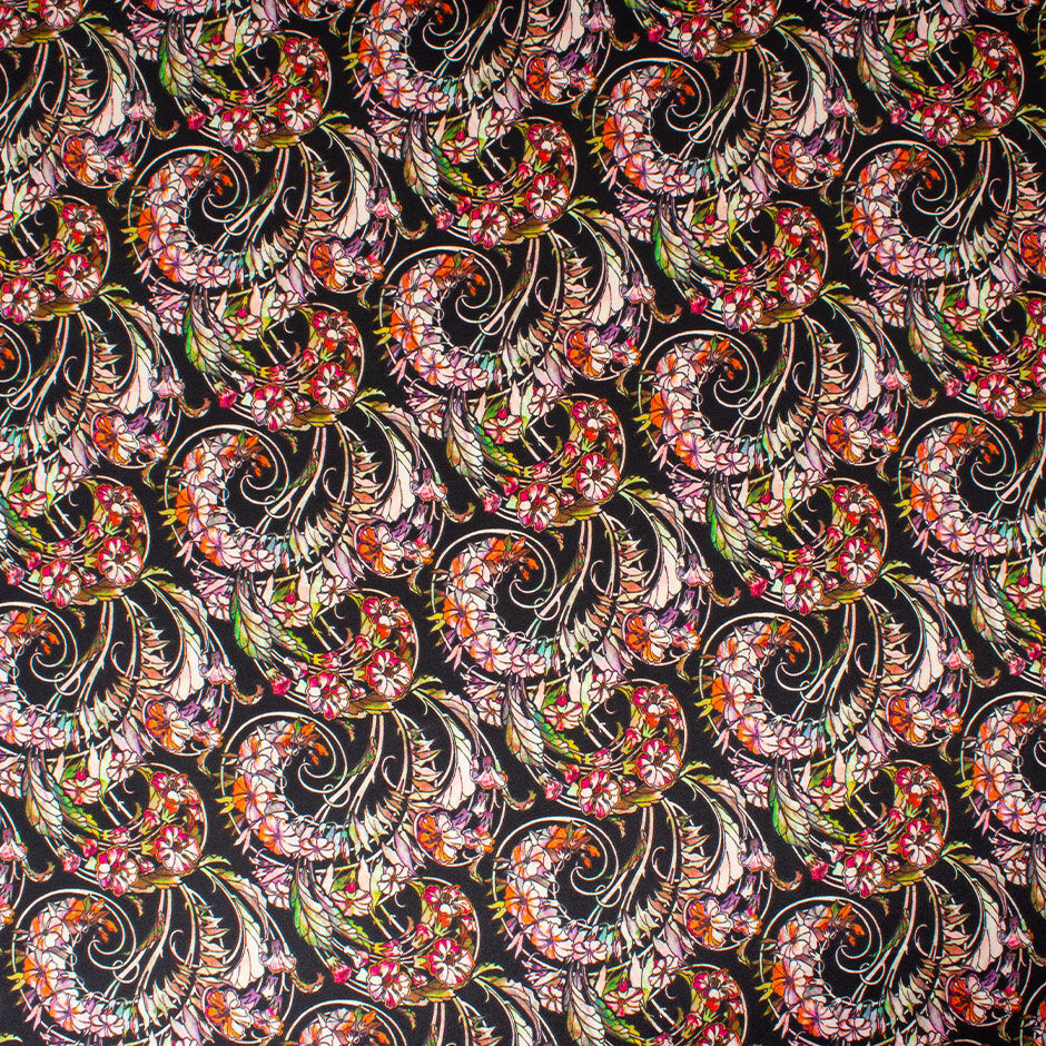 Multi Floral Printed Black Silk & Viscose Blend