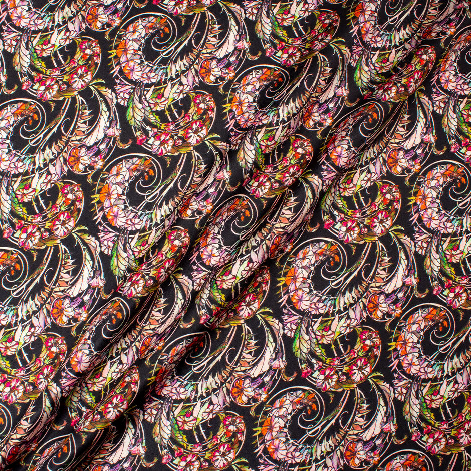 Multi Floral Printed Black Silk & Viscose Blend