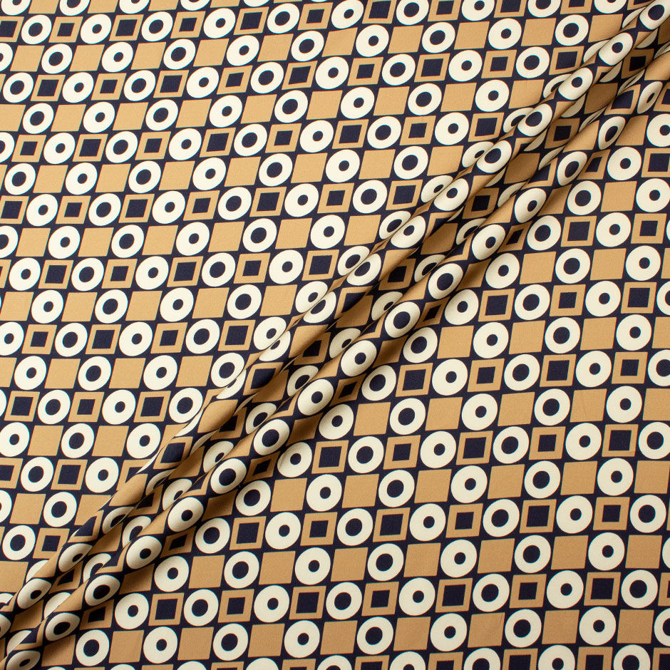 Beige & Blue Geometric Printed Silk Satin