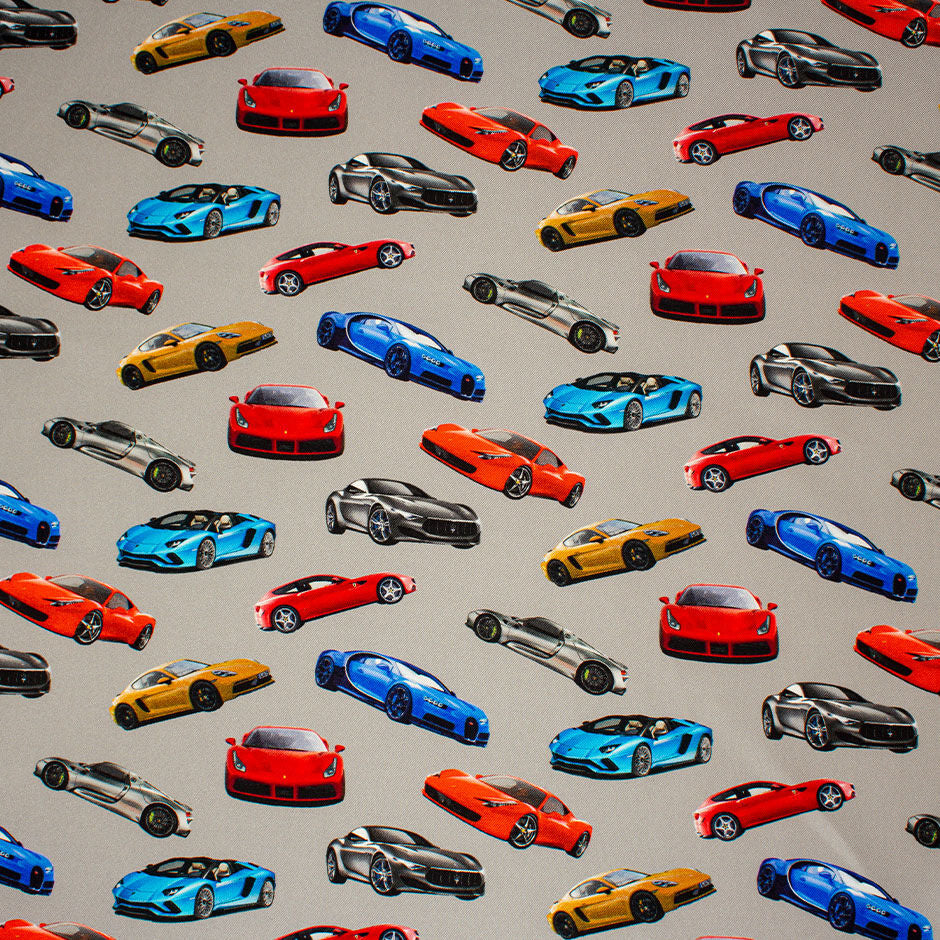 Multi-Coloured 'Sports Cars' Printed Grey Silk Twill