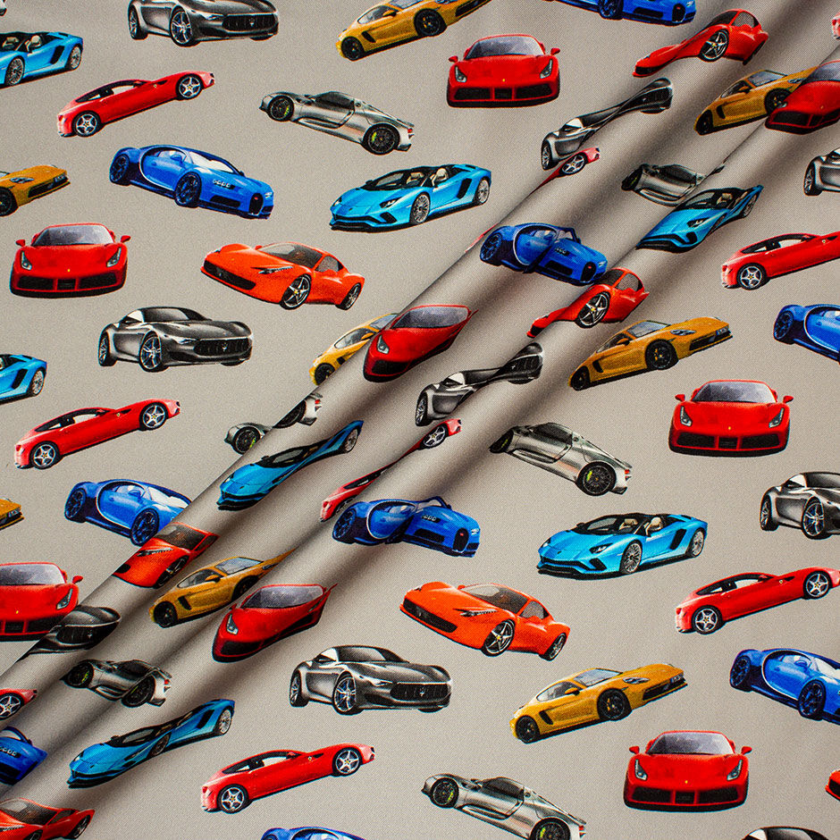 Multi-Coloured 'Sports Cars' Printed Grey Silk Twill