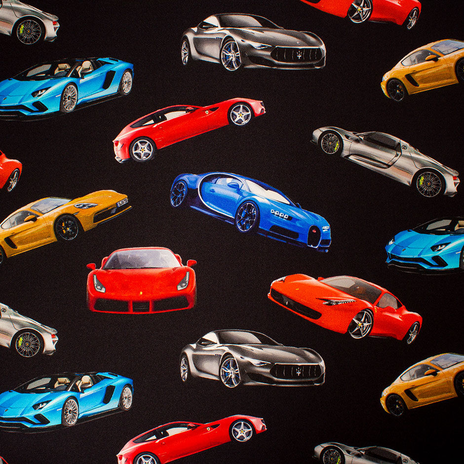 Multi 'Sports Cars' Printed Black Silk Twill