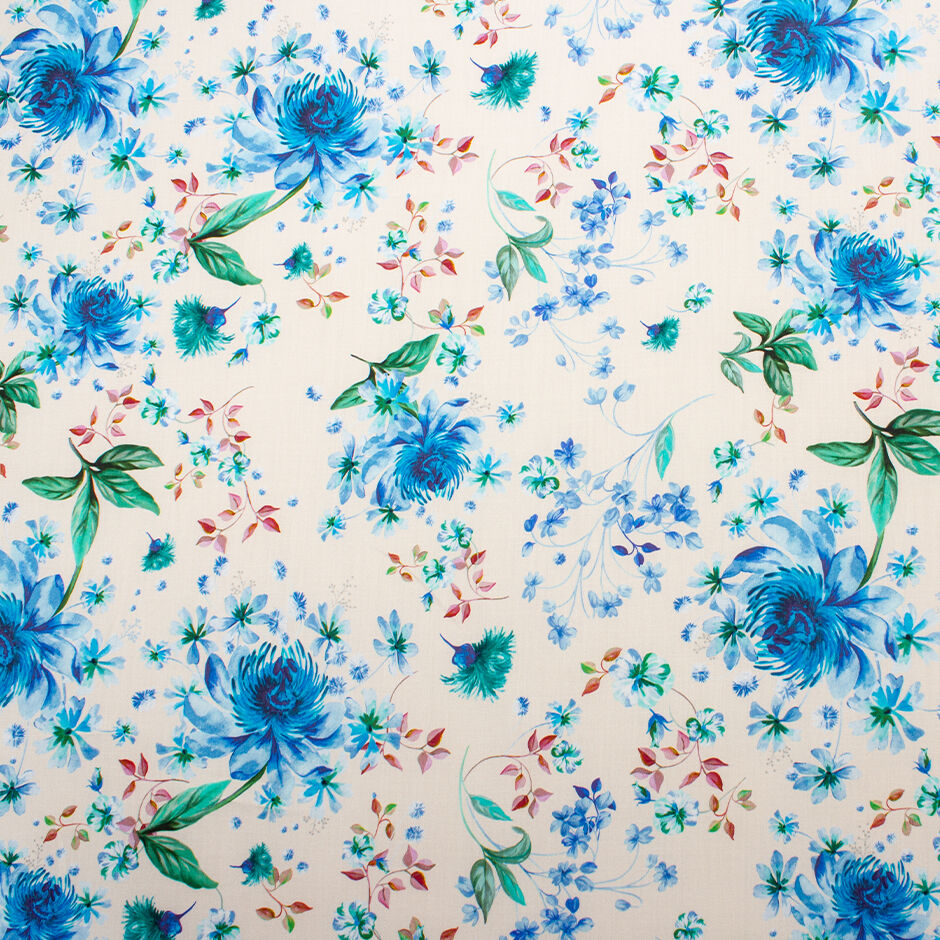 Sky Blue & Green Floral Printed Ivory Cotton (A 1.20m Piece)