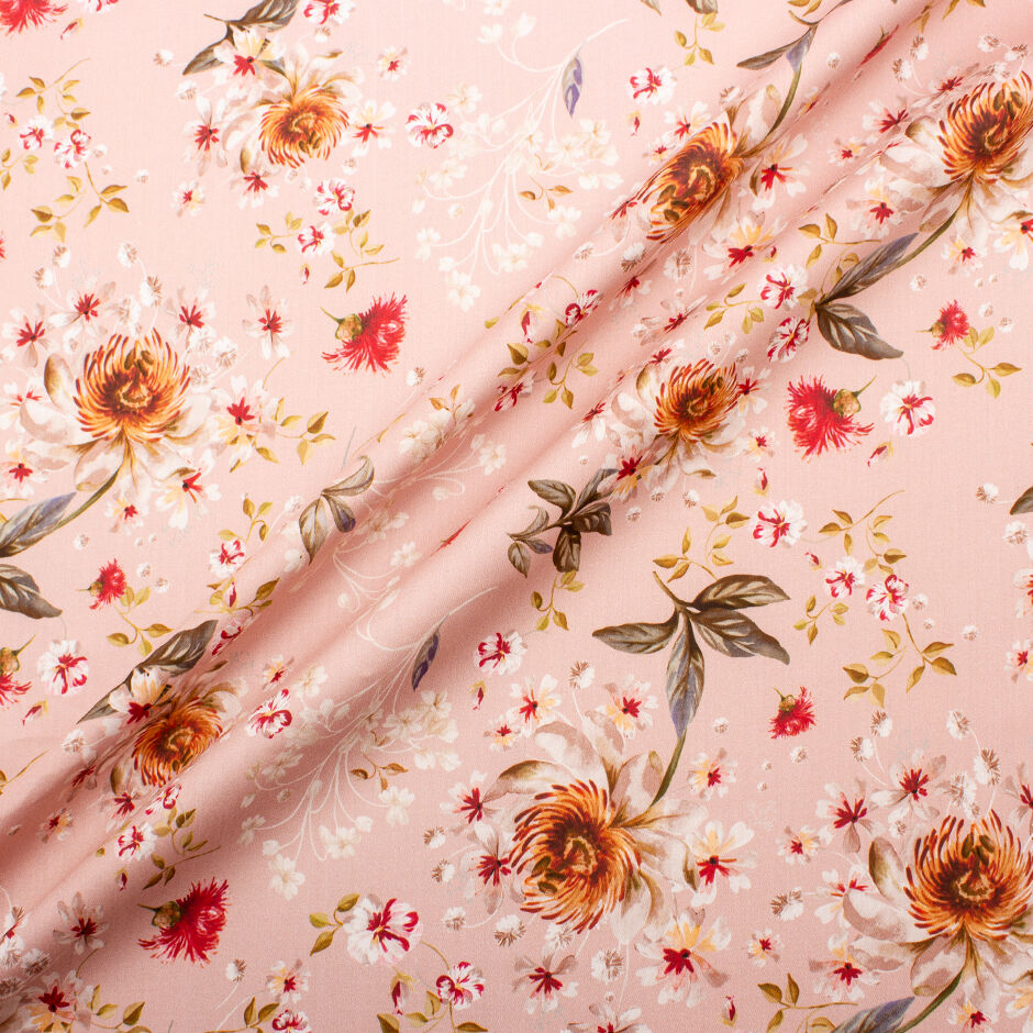 Muted Pink Orange Floral Printed Cotton