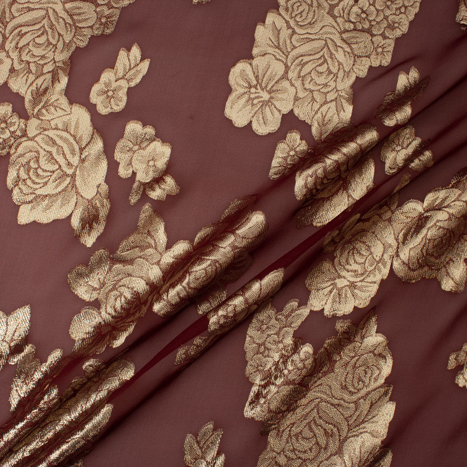 Gold Metallic Floral Maroon Silk Chiffon Jacquard (A 3.35m Piece)