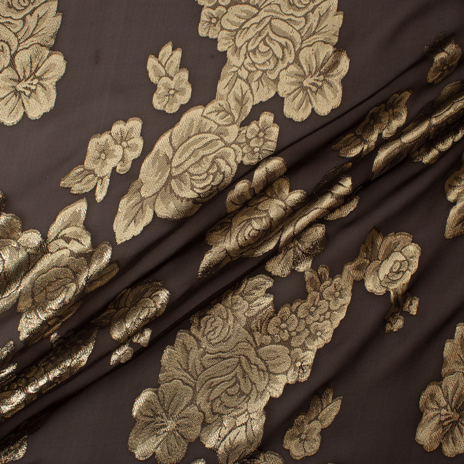 Gold Floral Metallic Brown Silk Chiffon Jacquard