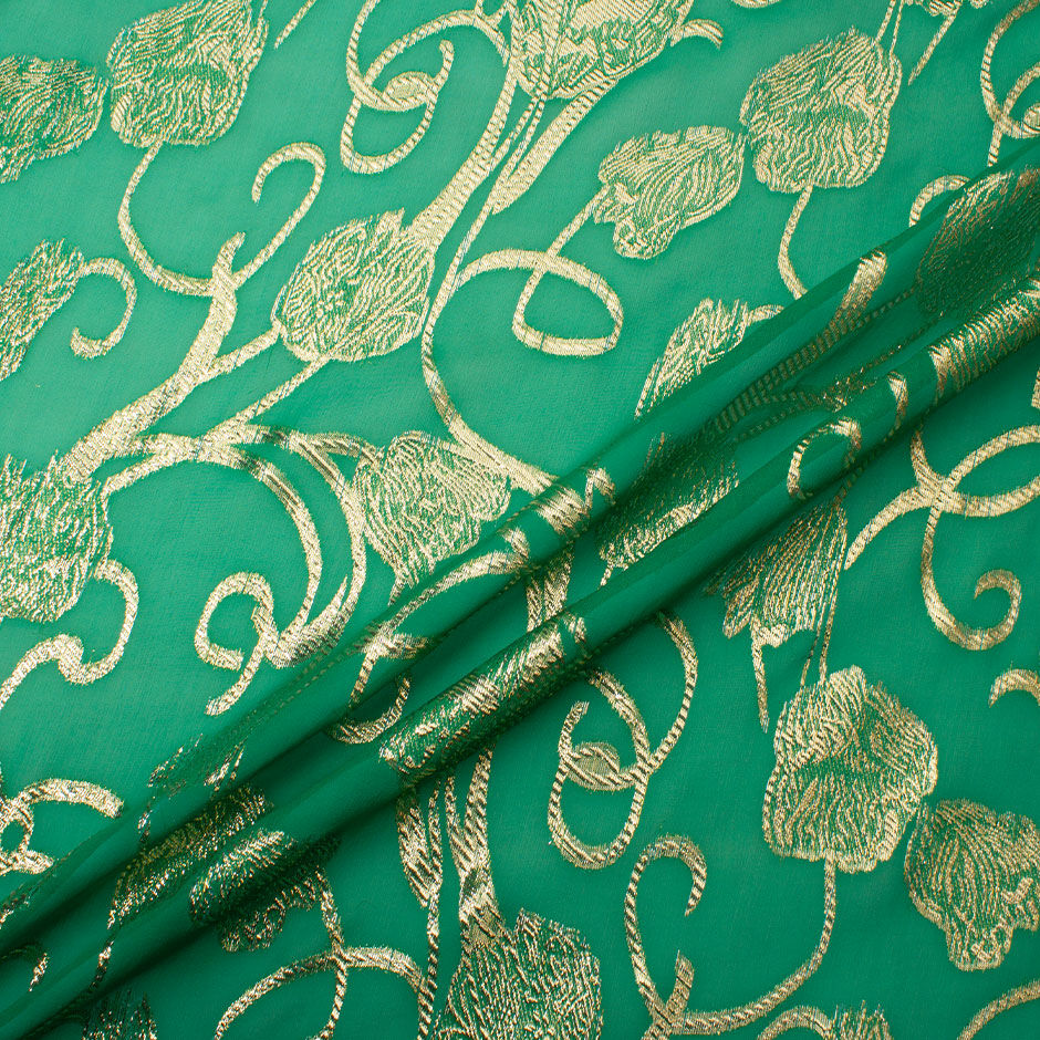 Gold Metallic Emerald Green Silk Chiffon Jacquard (A 2.15m Piece)