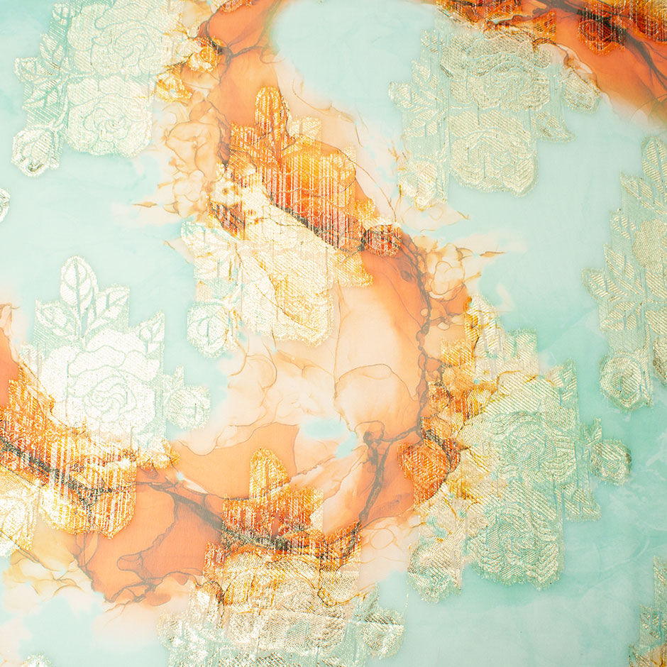 Gold Floral Jacquard Orange & Turquoise Chiffon