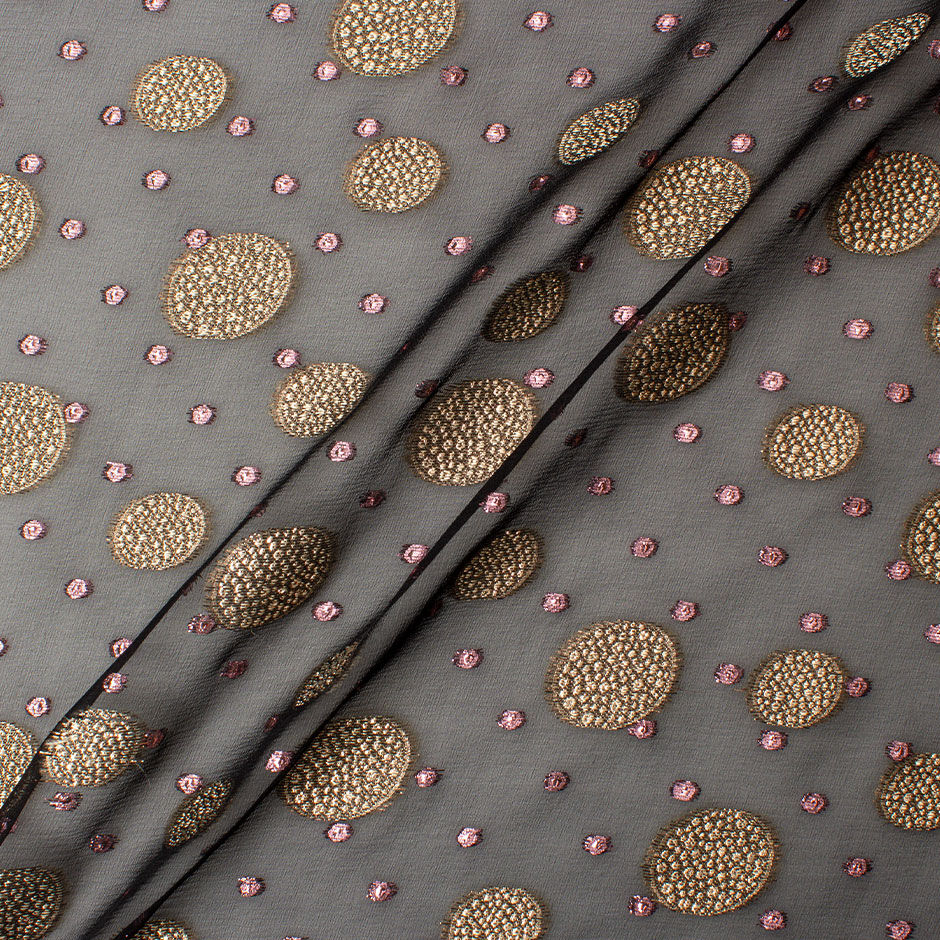 Gold & Pink Metallic Spotted Black Silk Chiffon