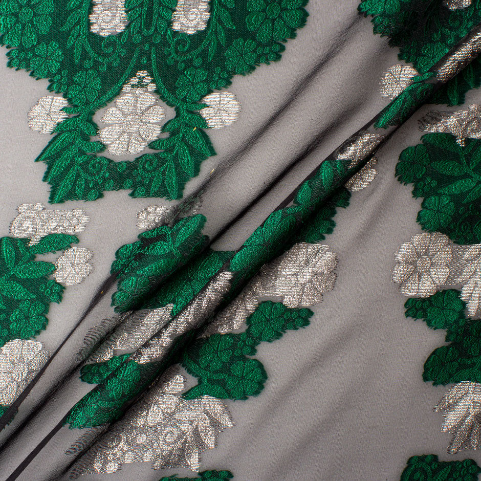 Green & Silver Metallic Floral Black Silk Chiffon