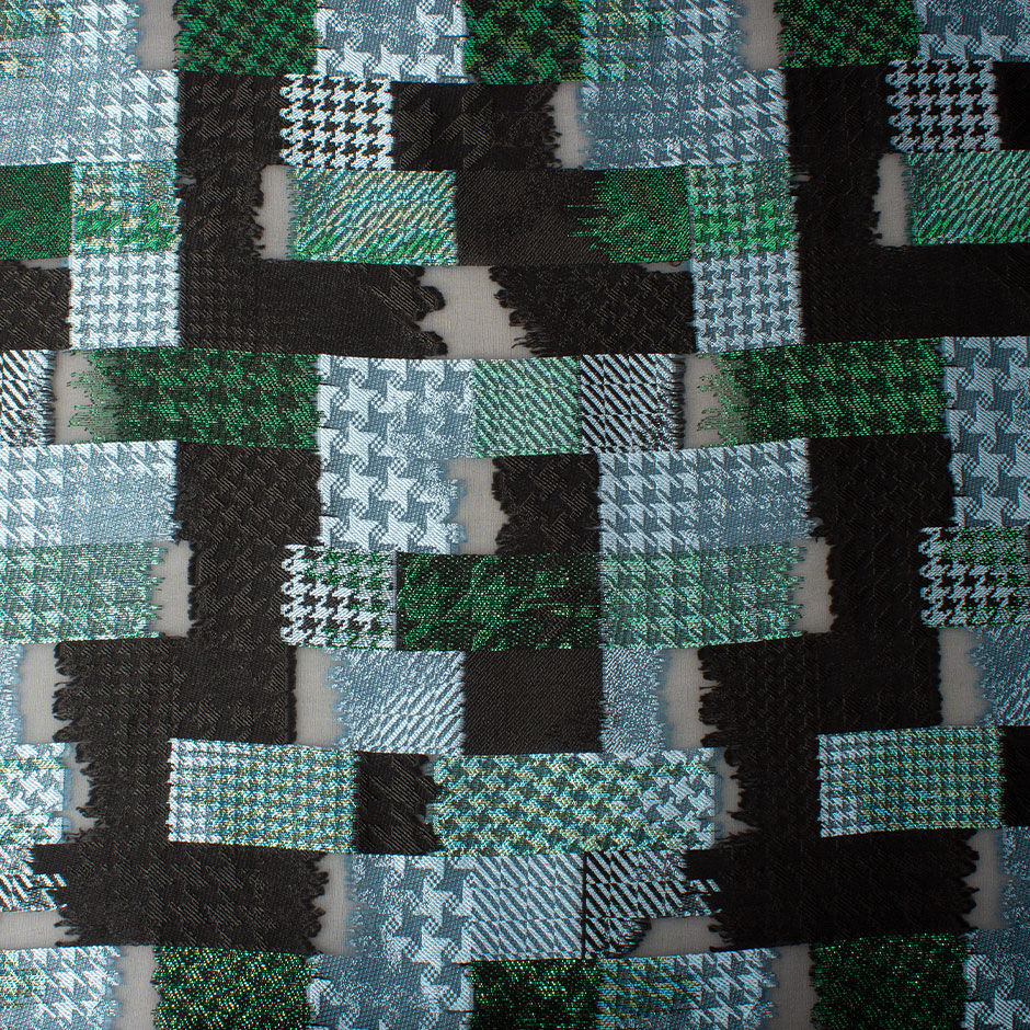 Blue, Black & Green Metallic Houndstooth Silk Chiffon