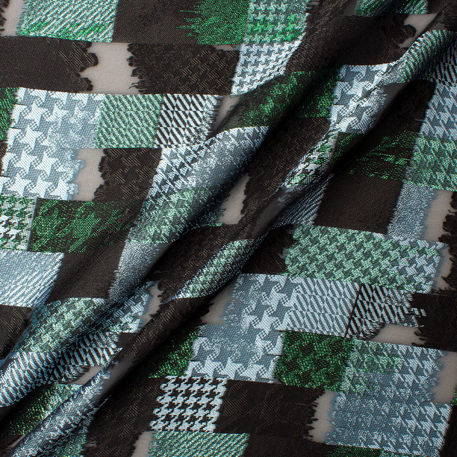 Blue, Black & Green Metallic Houndstooth Silk Chiffon