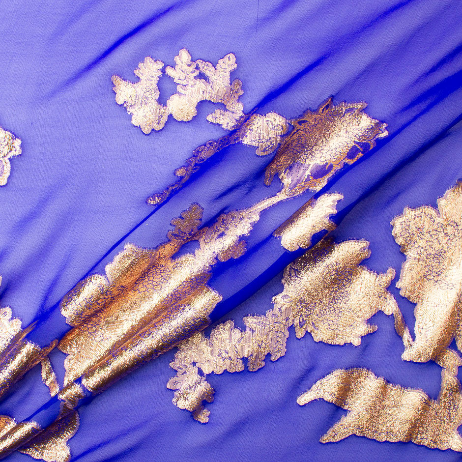 Electric Blue & Gold Metallic Silk Chiffon