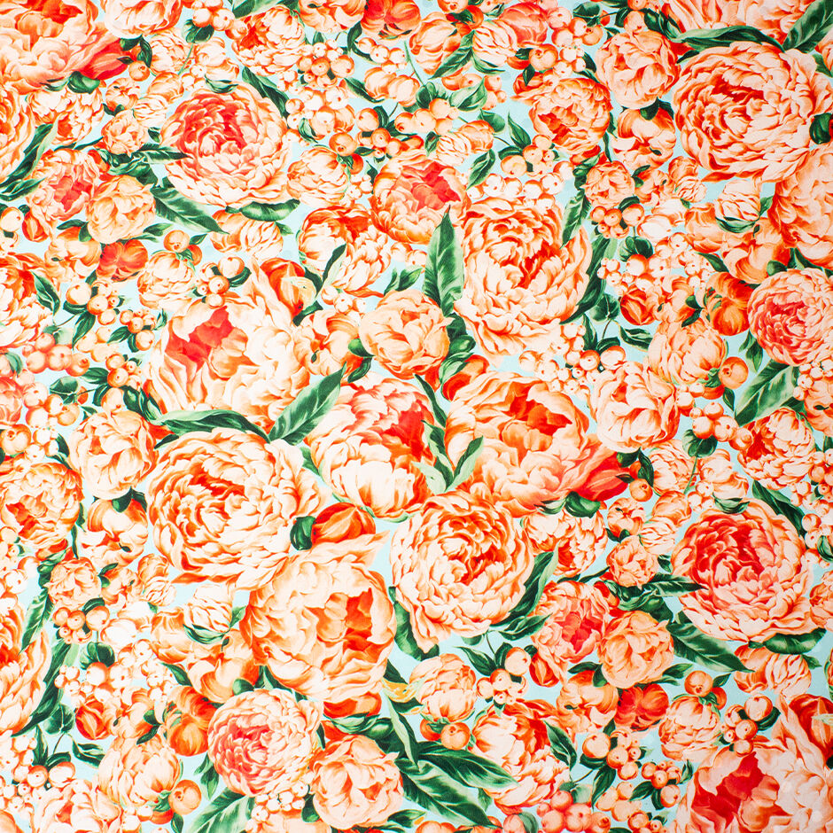 Orange Peony Floral Printed Silk Jacquard (A 2m Piece)