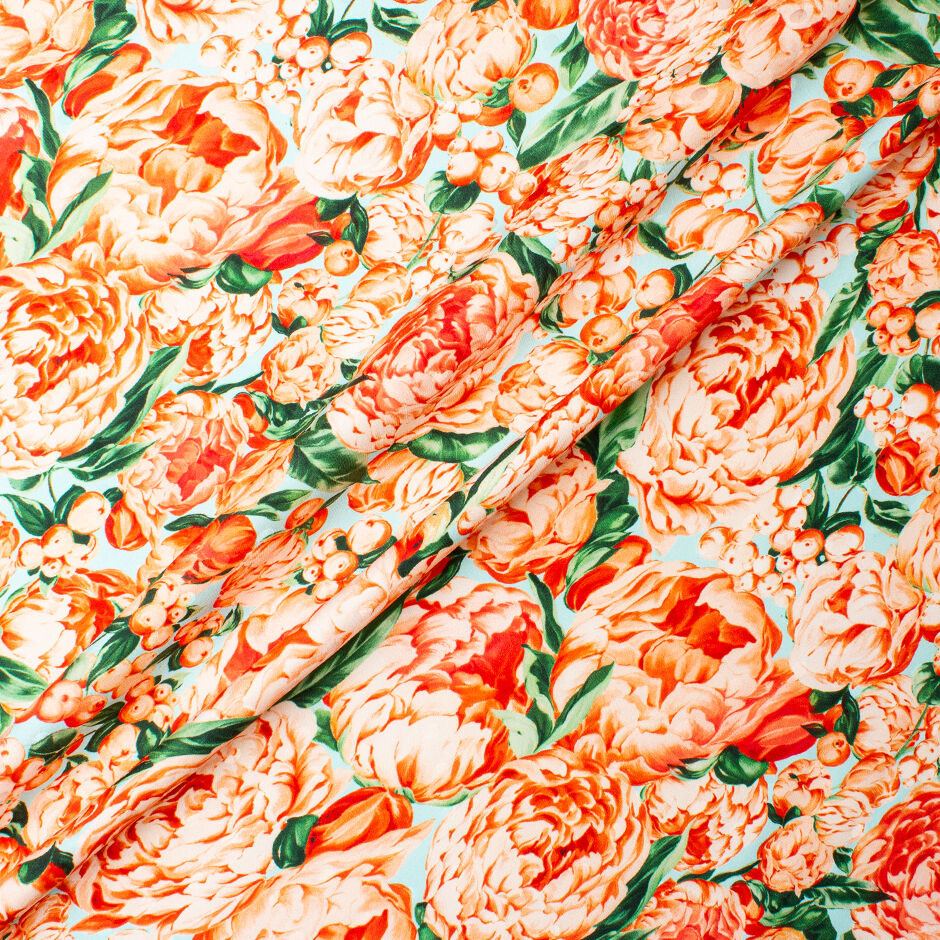 Orange Peony Floral Printed Silk Jacquard (A 2m Piece)