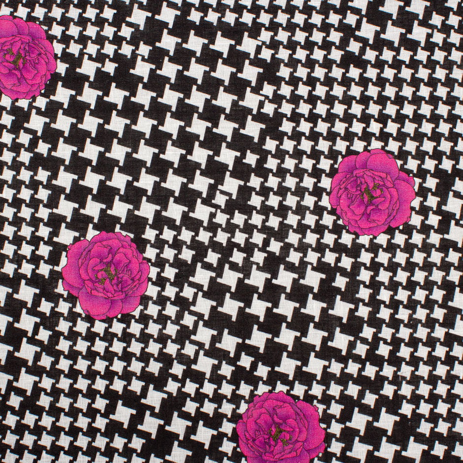 Magenta Floral Printed Black & White Dogtooth Linen