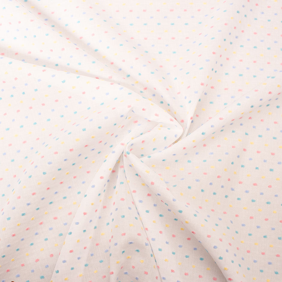 Multi-Coloured Spotted White Cotton Voile