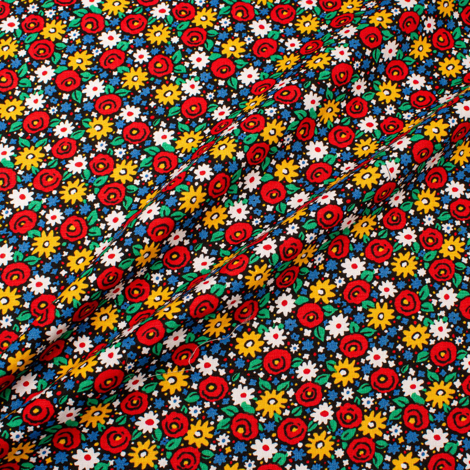 Bright Floral Printed Medium Weight Black Linen