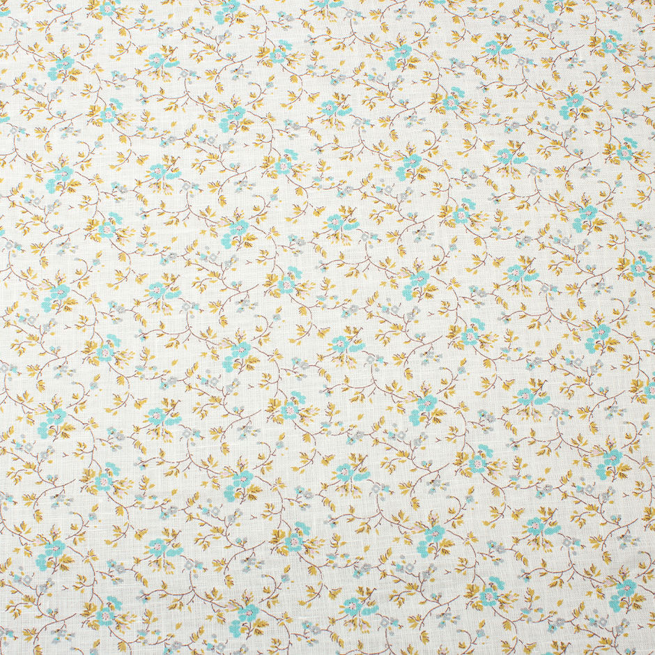 Delicate Aqua Floral Printed Ivory Linen