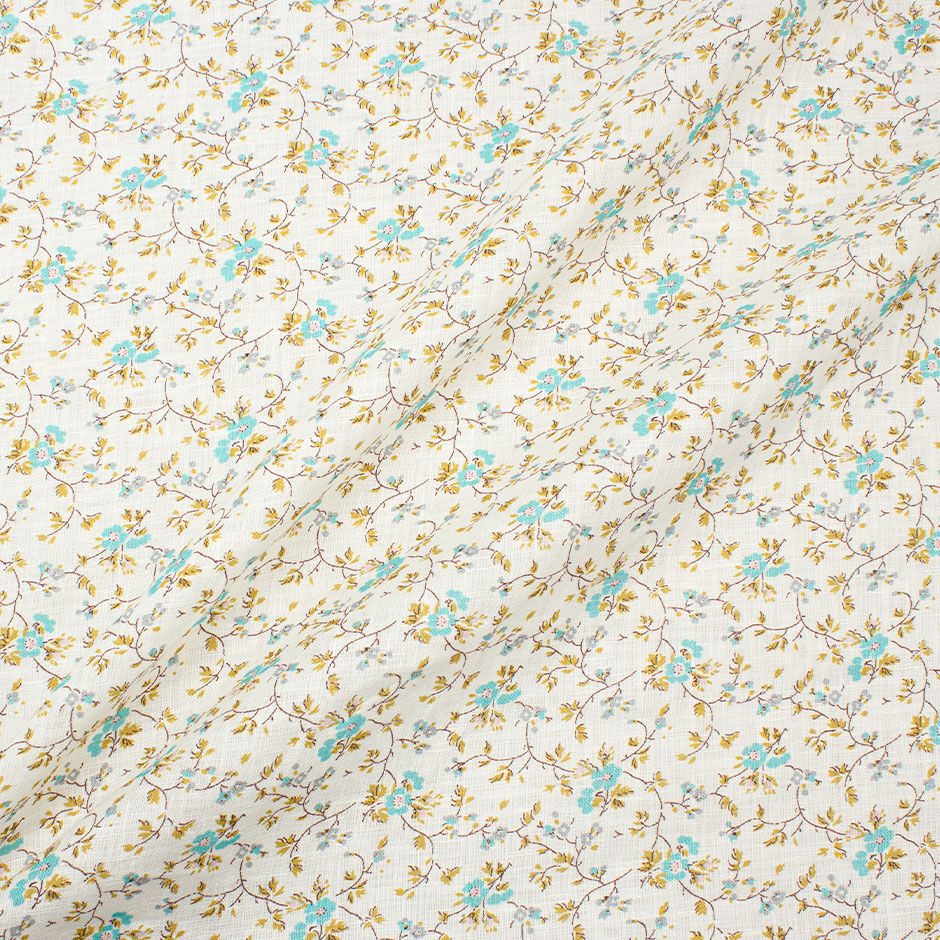 Delicate Aqua Floral Printed Ivory Linen