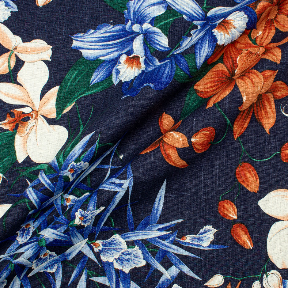 Burnt Orange & Deep Lavender Floral Printed Linen