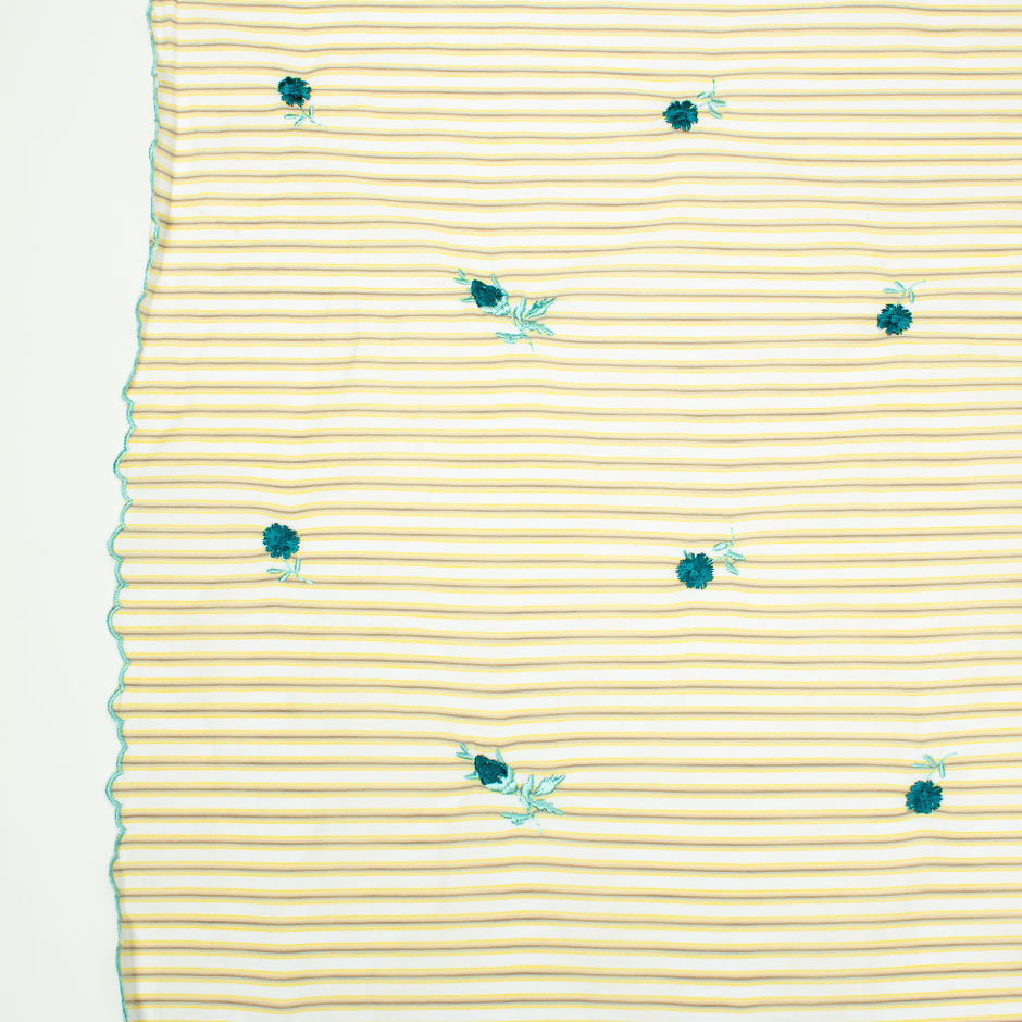 Teal Floral Embroidered Yellow & Grey Striped Cotton