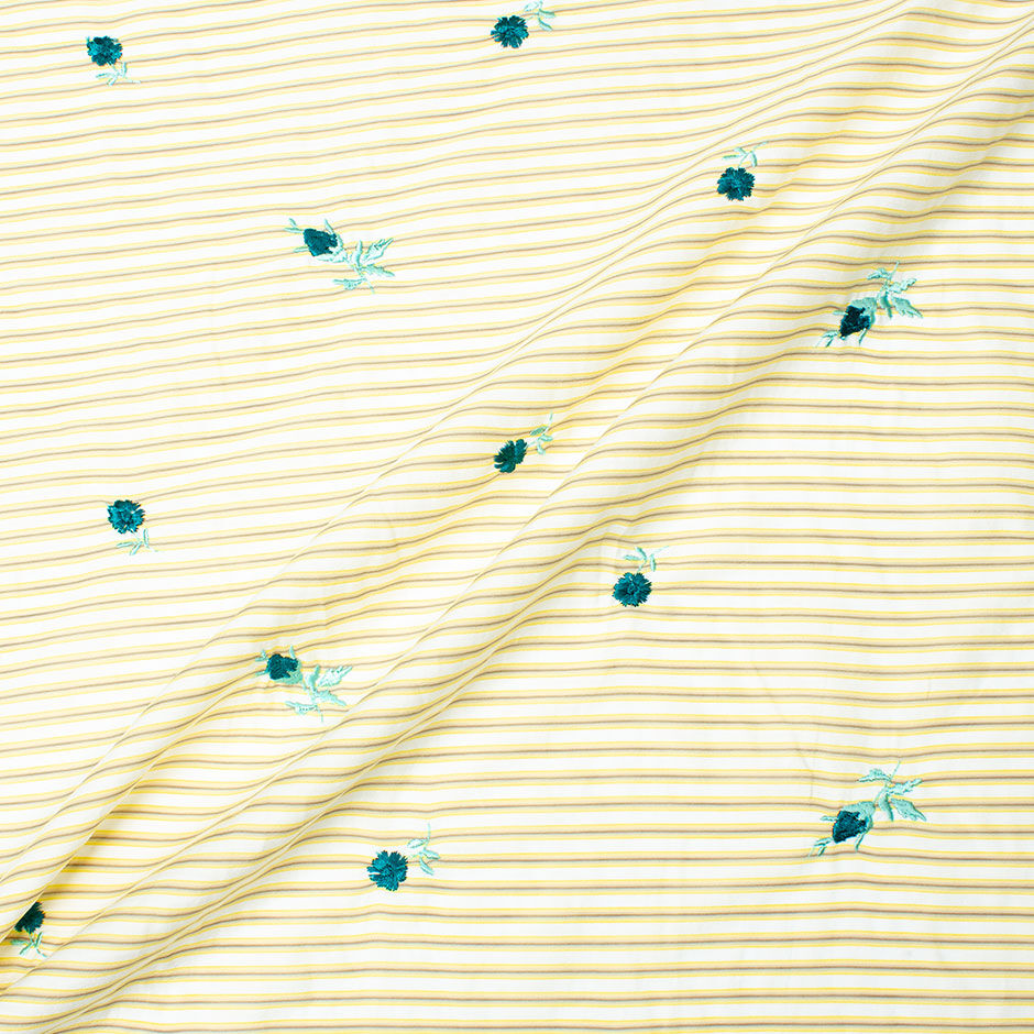 Teal Floral Embroidered Yellow & Grey Striped Cotton