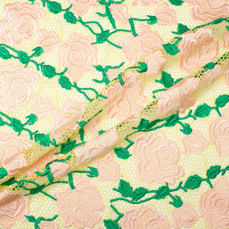 Pink Rose Embroidered Soft Yellow Guipure Lace