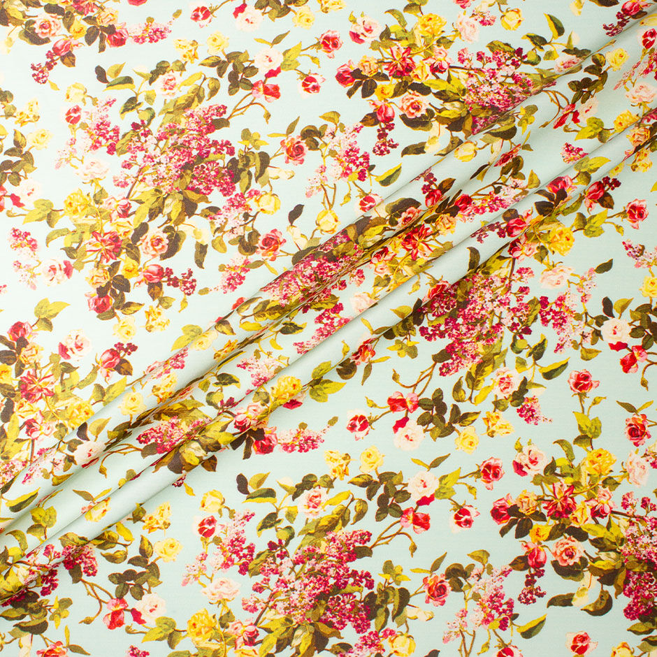 Pink & Yellow Rose Printed Aqua Silk Grosgrain Faille