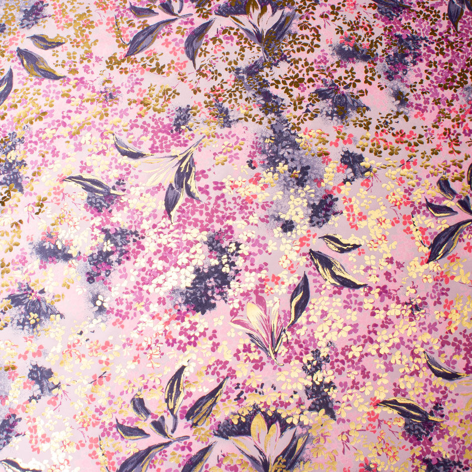 Purple Floral & Gold Laminated Lilac Silk Taffeta