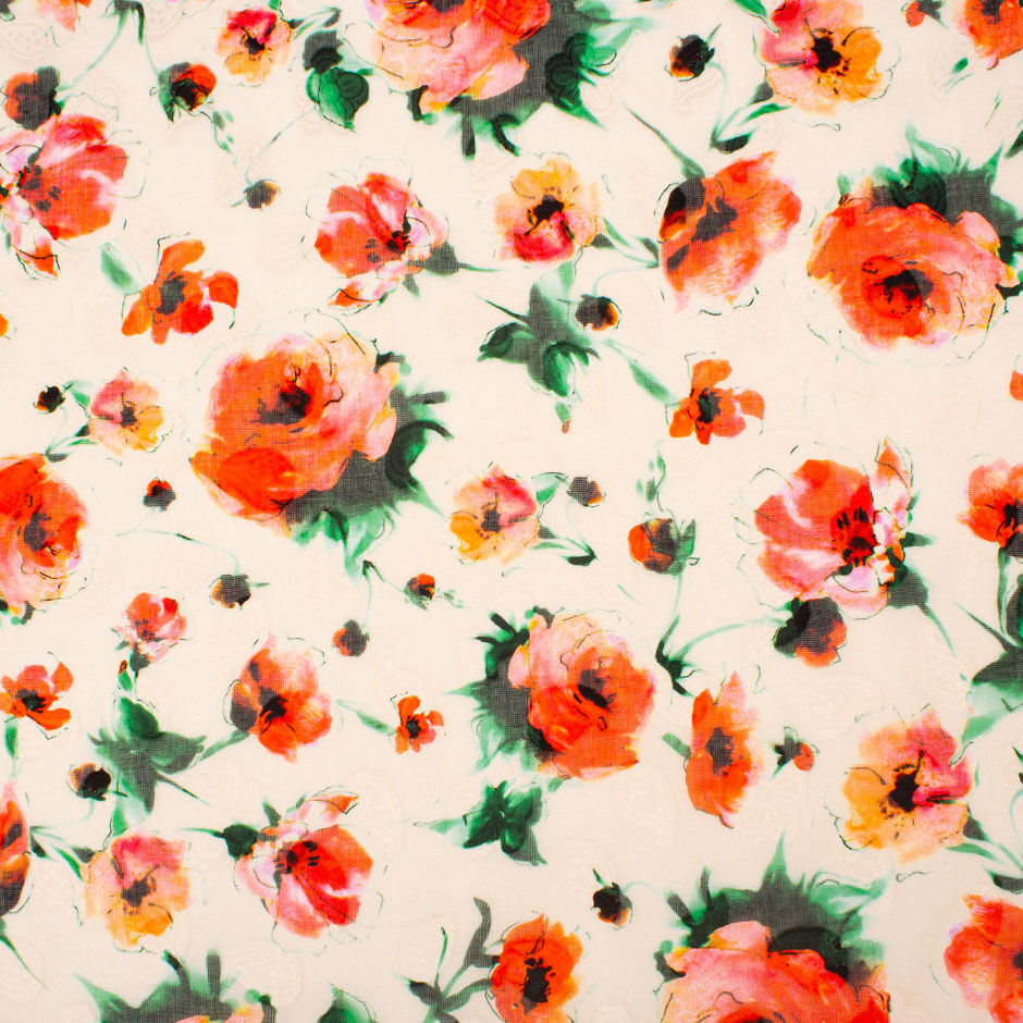 Orange Poppy Printed Peach Cotton Voile Jacquard (A 3m Piece)