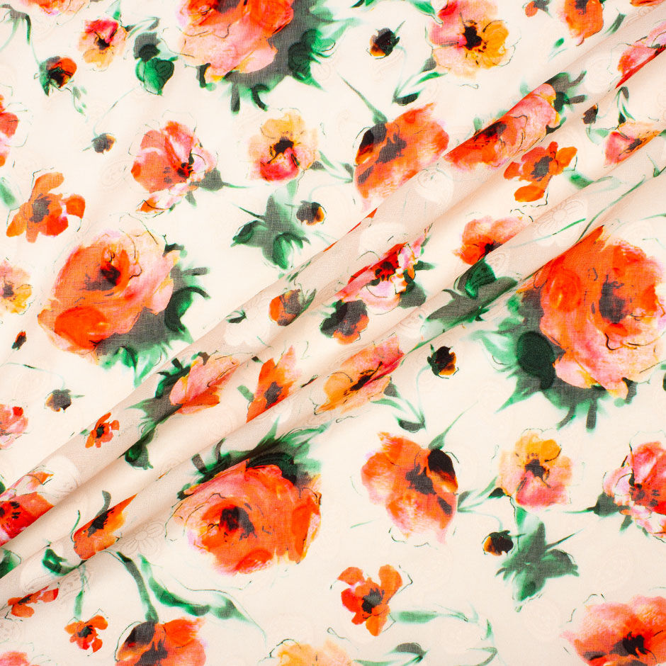 Orange Poppy Printed Peach Cotton Voile Jacquard (A 3m Piece)