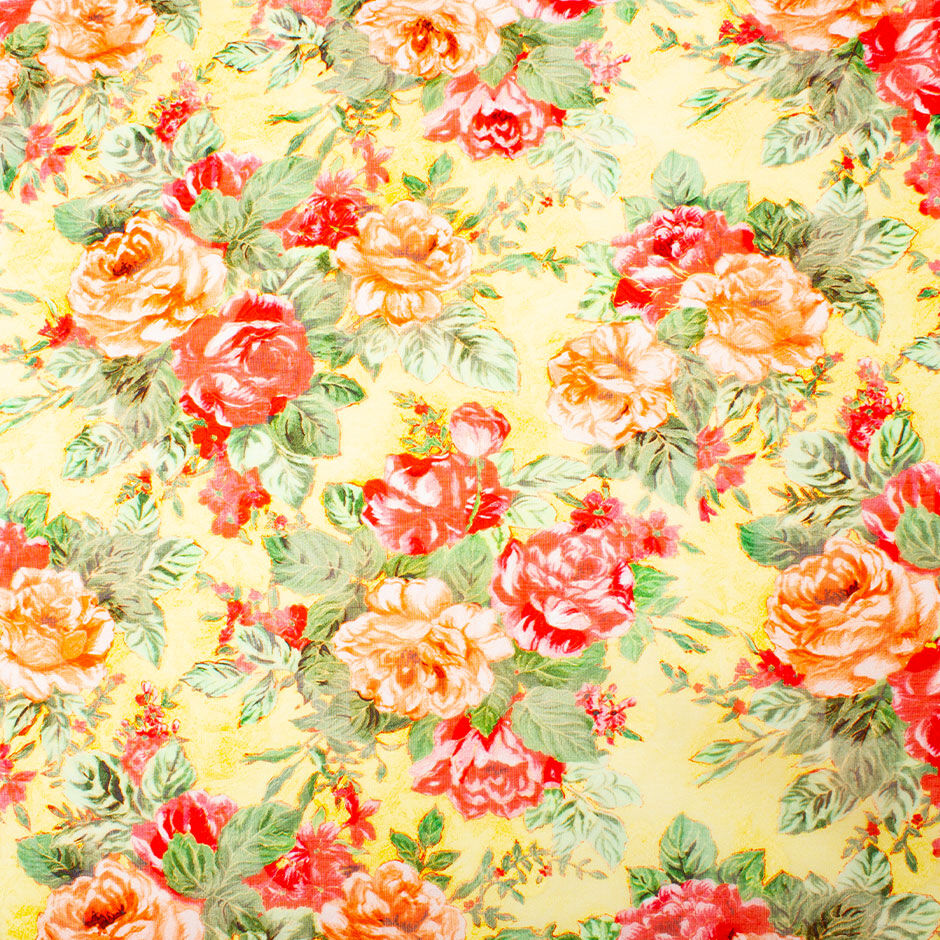 Large Orange & Pink Floral Yellow Cotton Voile Jacquard