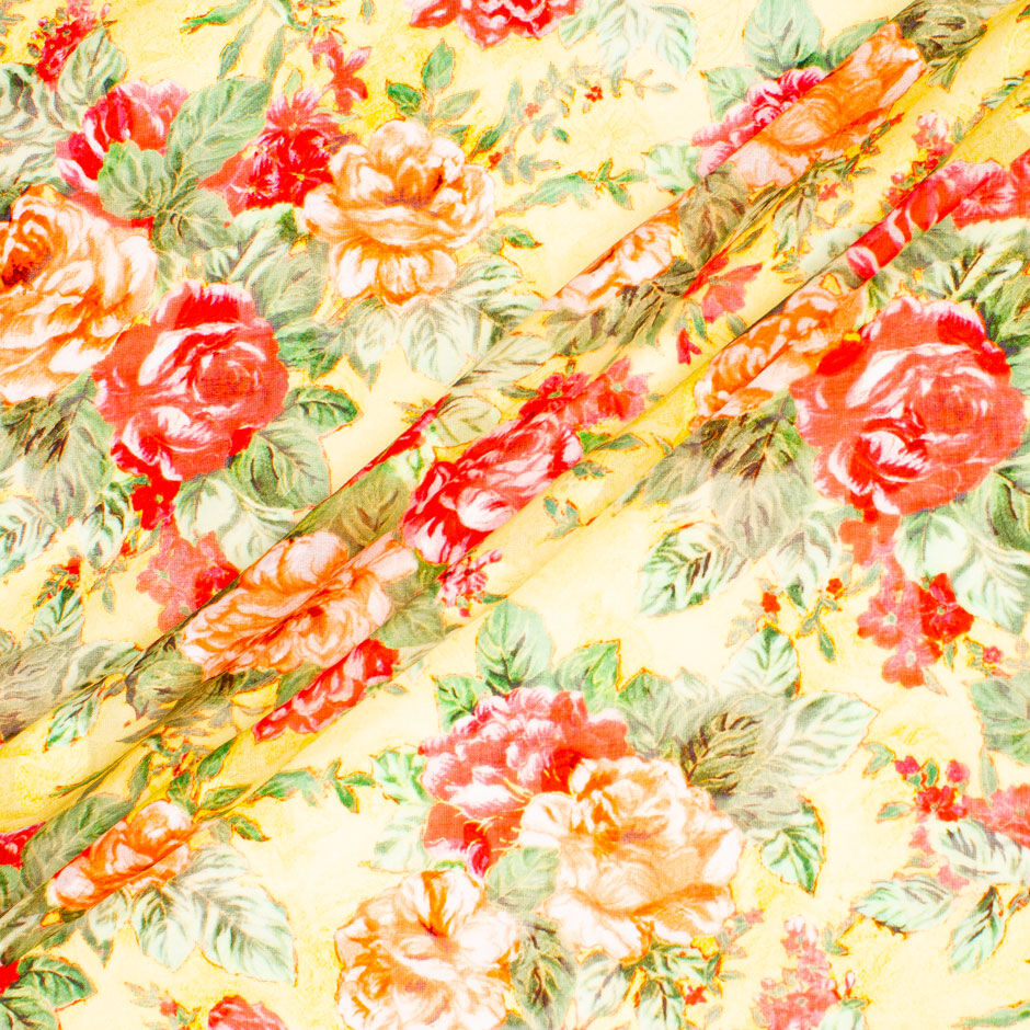 Large Orange & Pink Floral Yellow Cotton Voile Jacquard