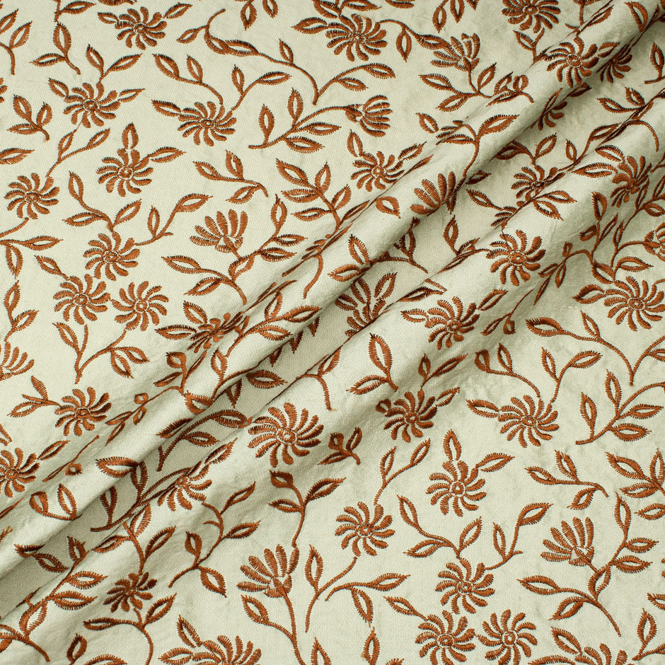 Brown Floral Embroidered Sage Green Silk Shantung