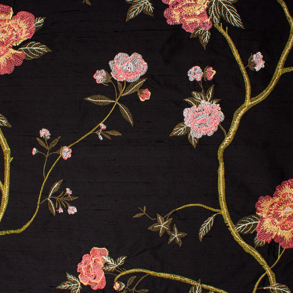 Rose Pink Floral Embroidered Black Silk Shantung (A 2.65m Piece)