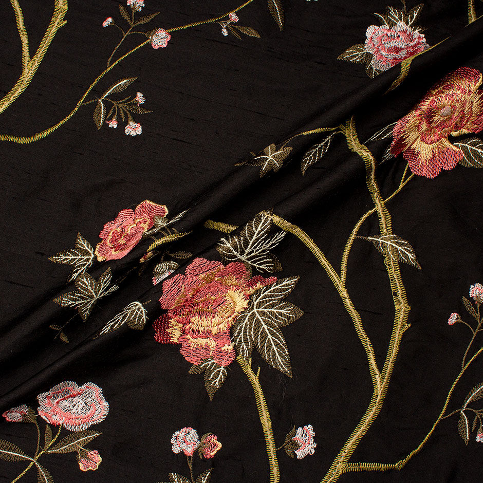 Rose Pink Floral Embroidered Black Silk Shantung (A 2.65m Piece)