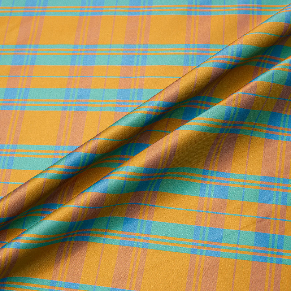 Apricot, Blue & Green Tartan Checkered Silk Taffeta