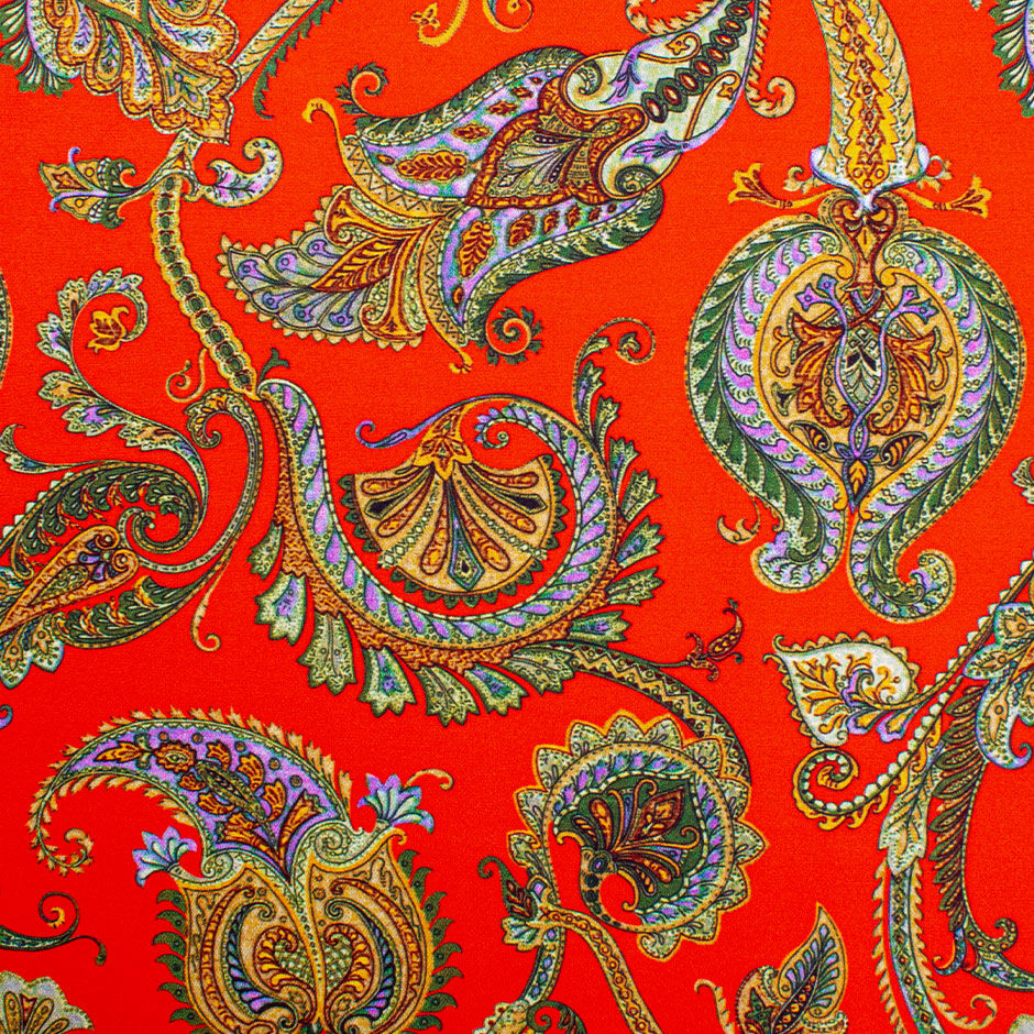 Multi-Coloured Paisley Red Stretch Silk Crêpe