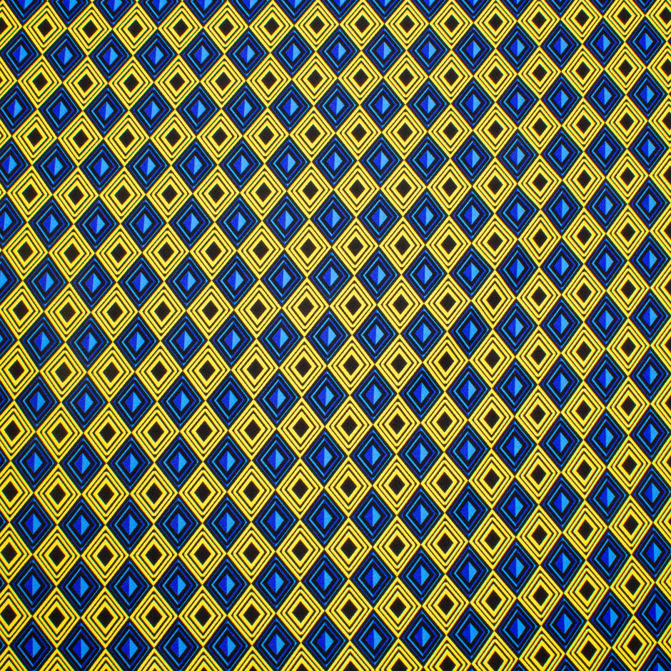 Blue, Yellow & Black Geometric Printed Silk Twill