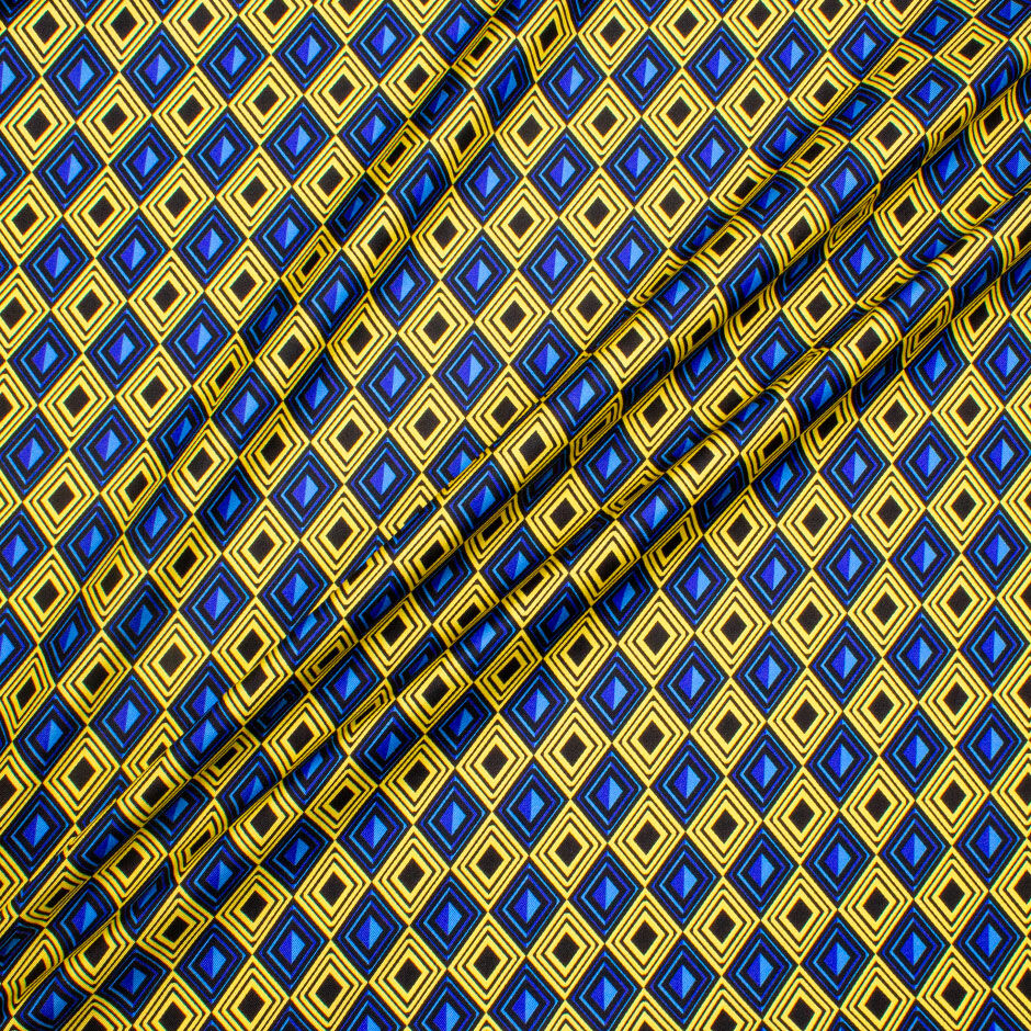 Blue, Yellow & Black Geometric Printed Silk Twill