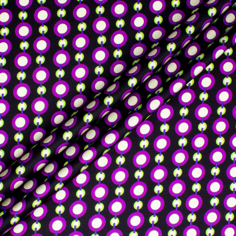 Purple & Green Link Printed Black Silk Twill (A 2m Piece)