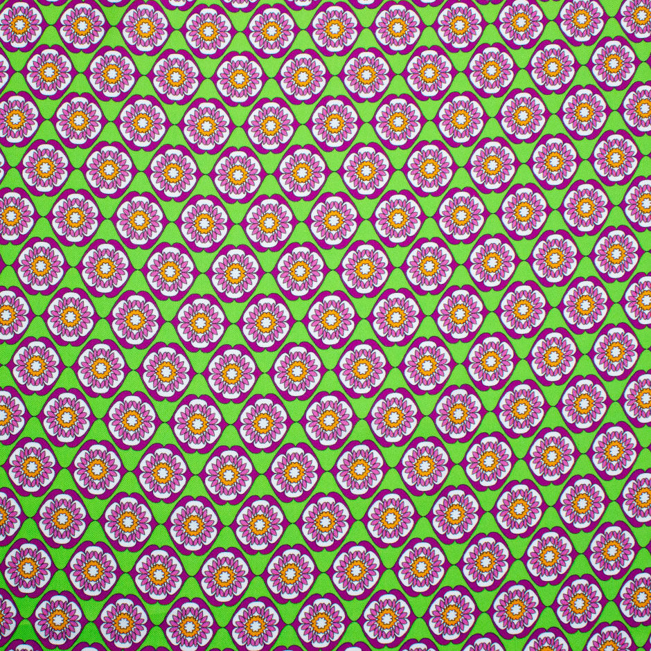 Pink & Orange Geo Floral Printed Green Silk Twill (A 3m Piece)