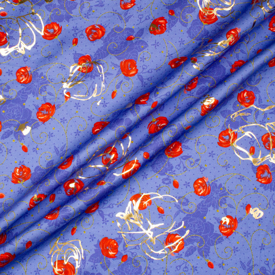 Red Floral Printed Sky Blue Laminated Cotton