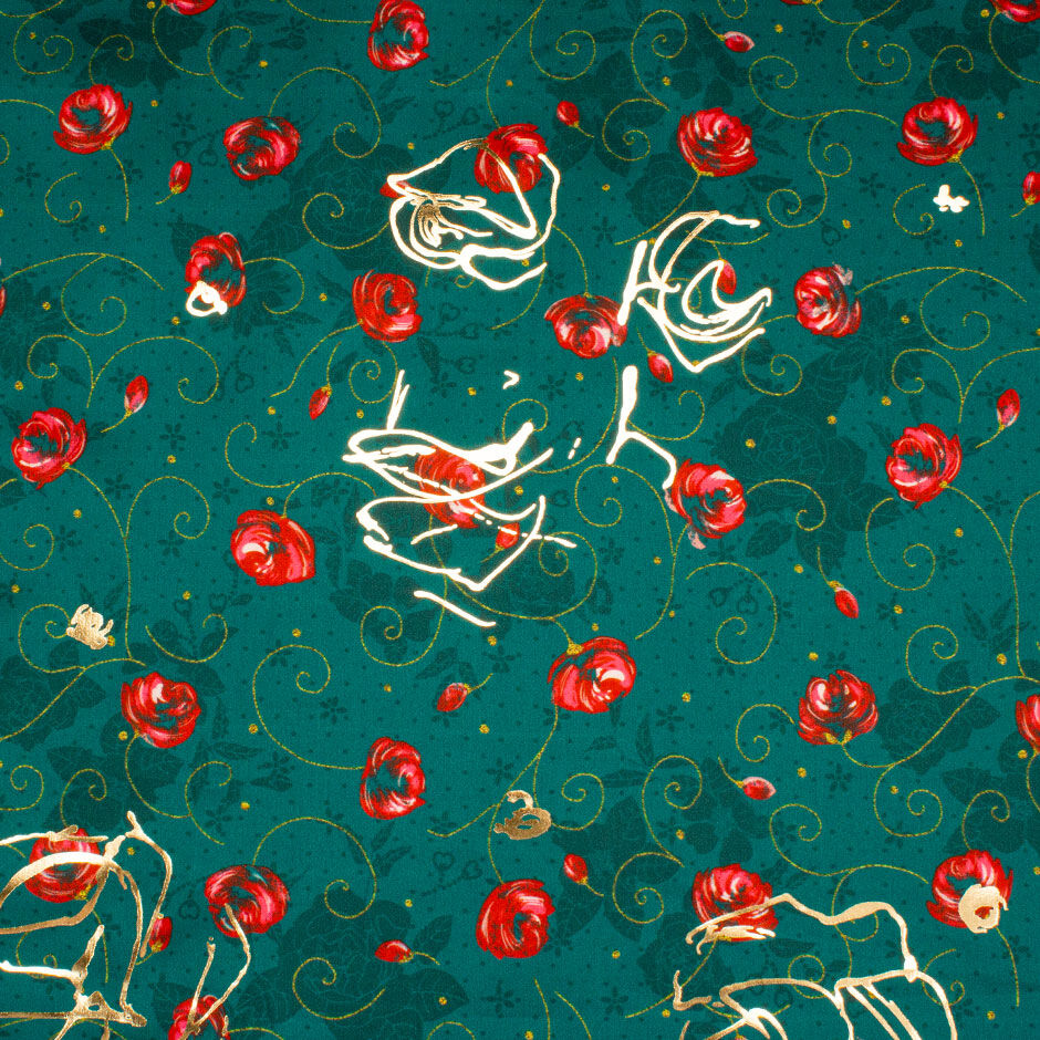 Red Floral Printed Dark Green & Gold Laminated Cotton