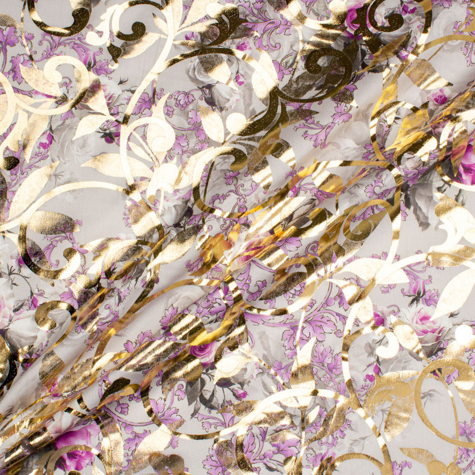 Lilac Floral Printed Grey & Gold Laminated Cotton