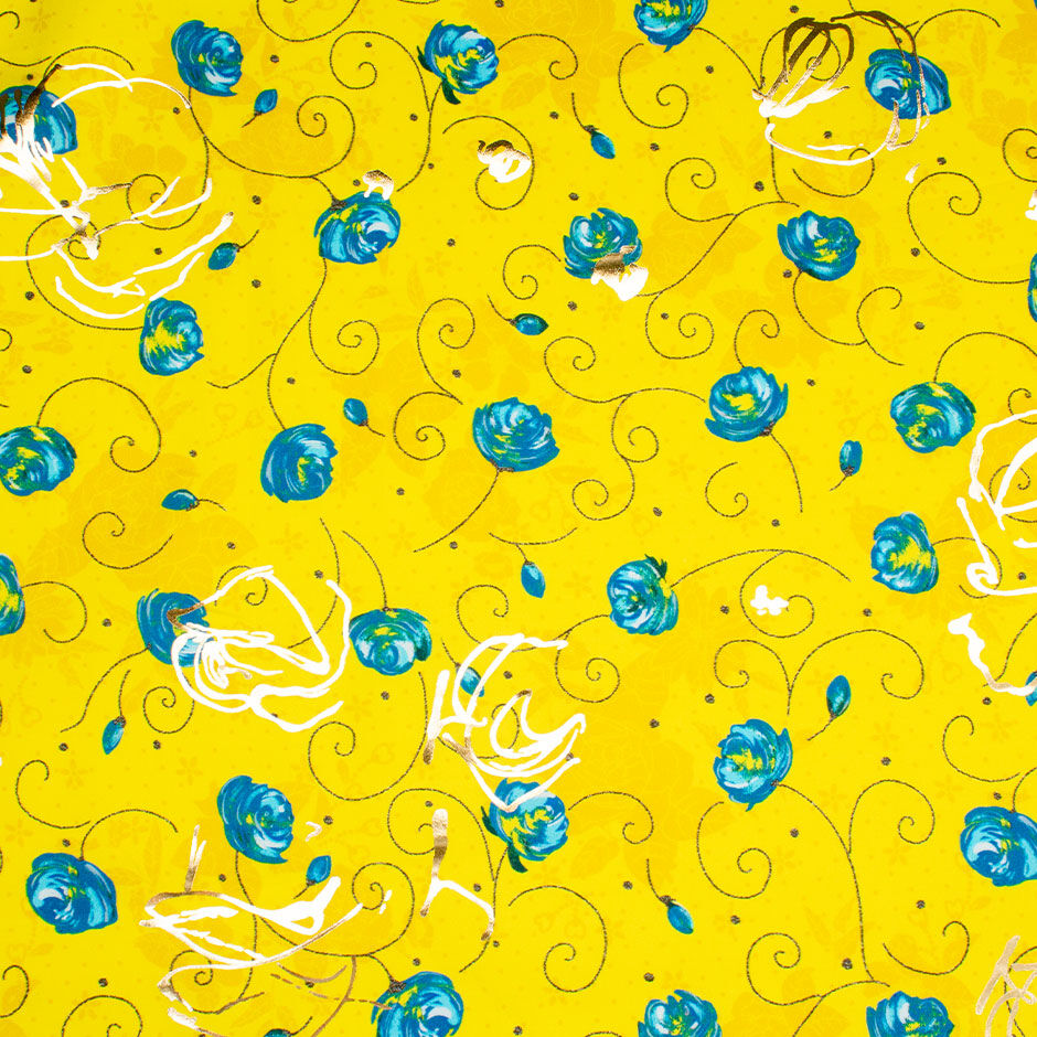 Canary Yellow Floral Printed Laminated Cotton