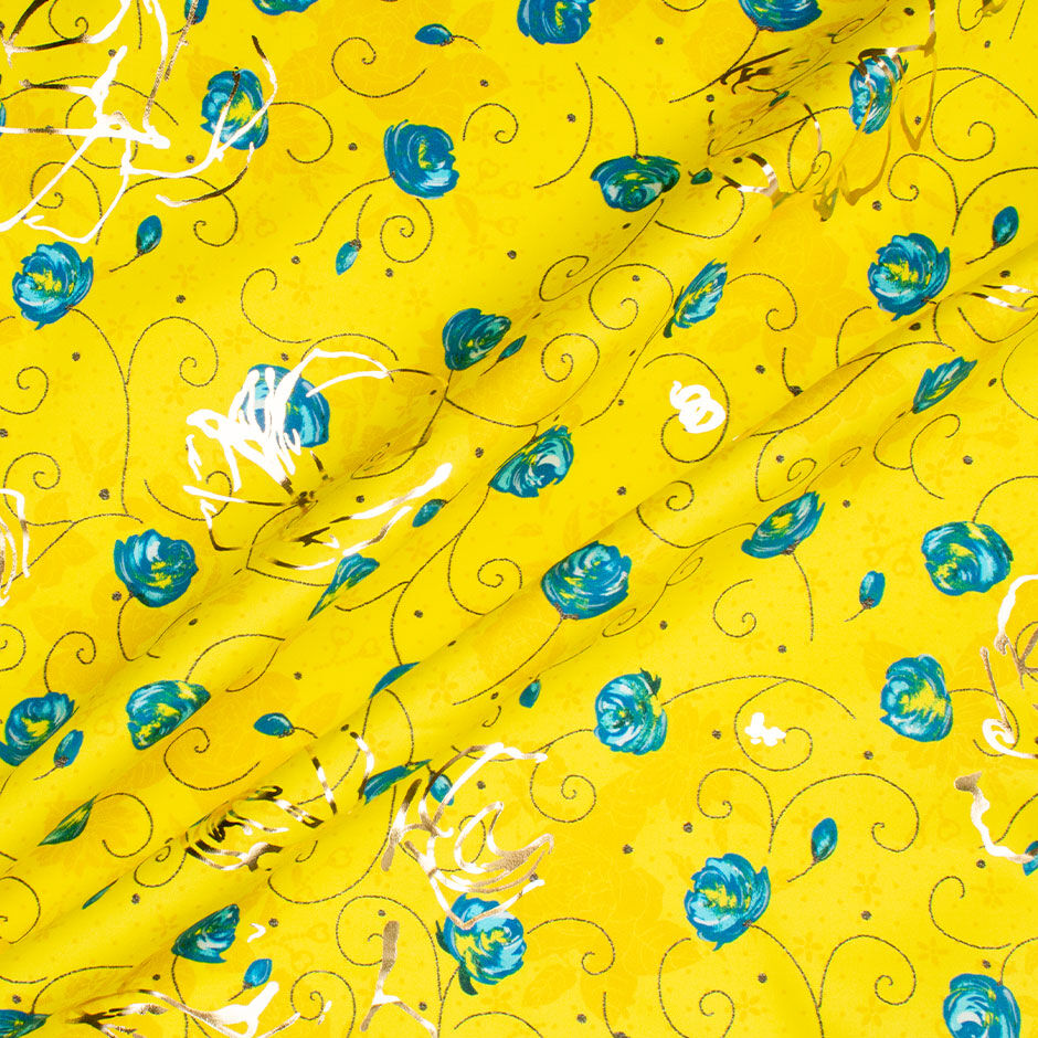 Canary Yellow Floral Printed Laminated Cotton