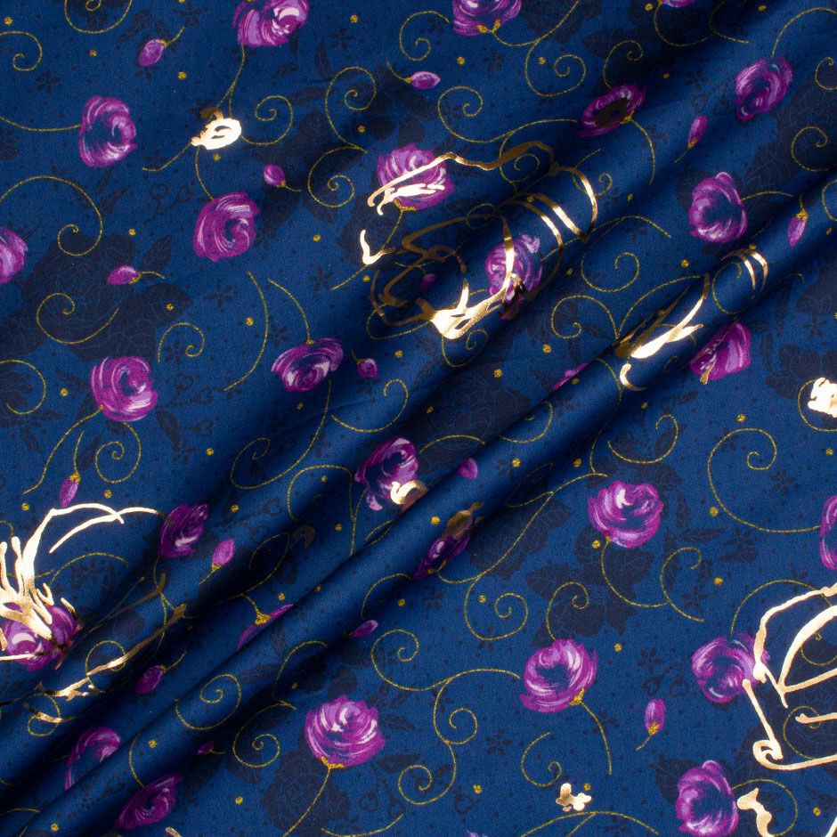 Purple Floral Midnight Blue Gold Laminated Cotton